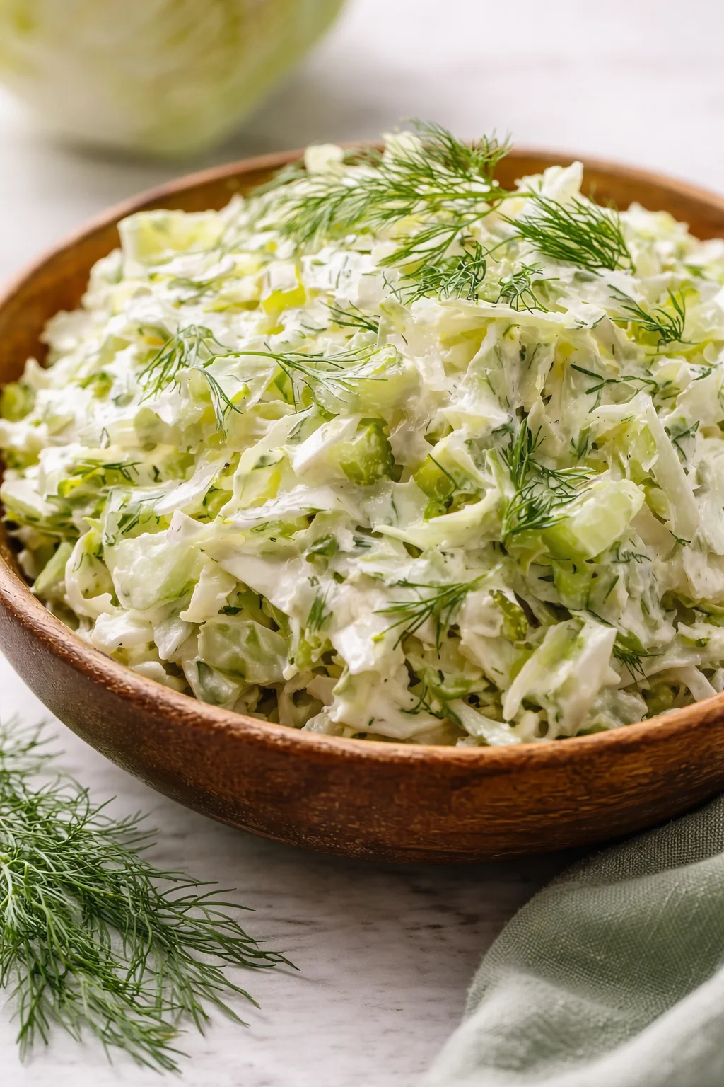Creamy cucumber salad in a wooden bowl topped with fresh dill.