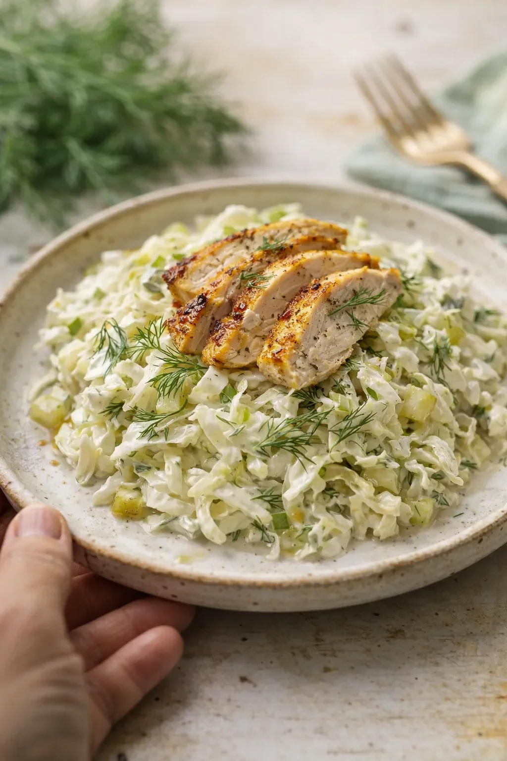Creamy cabbage salad with dill, topped with sliced roasted chicken on a rustic plate.
