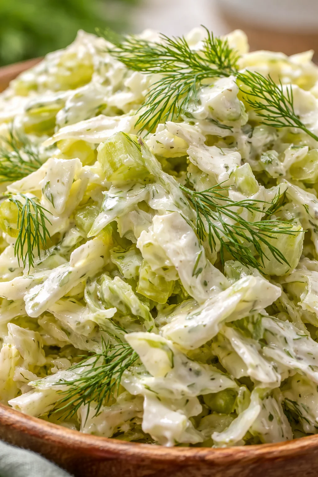 Creamy herb potato salad in a brown bowl, topped with dill sprigs.