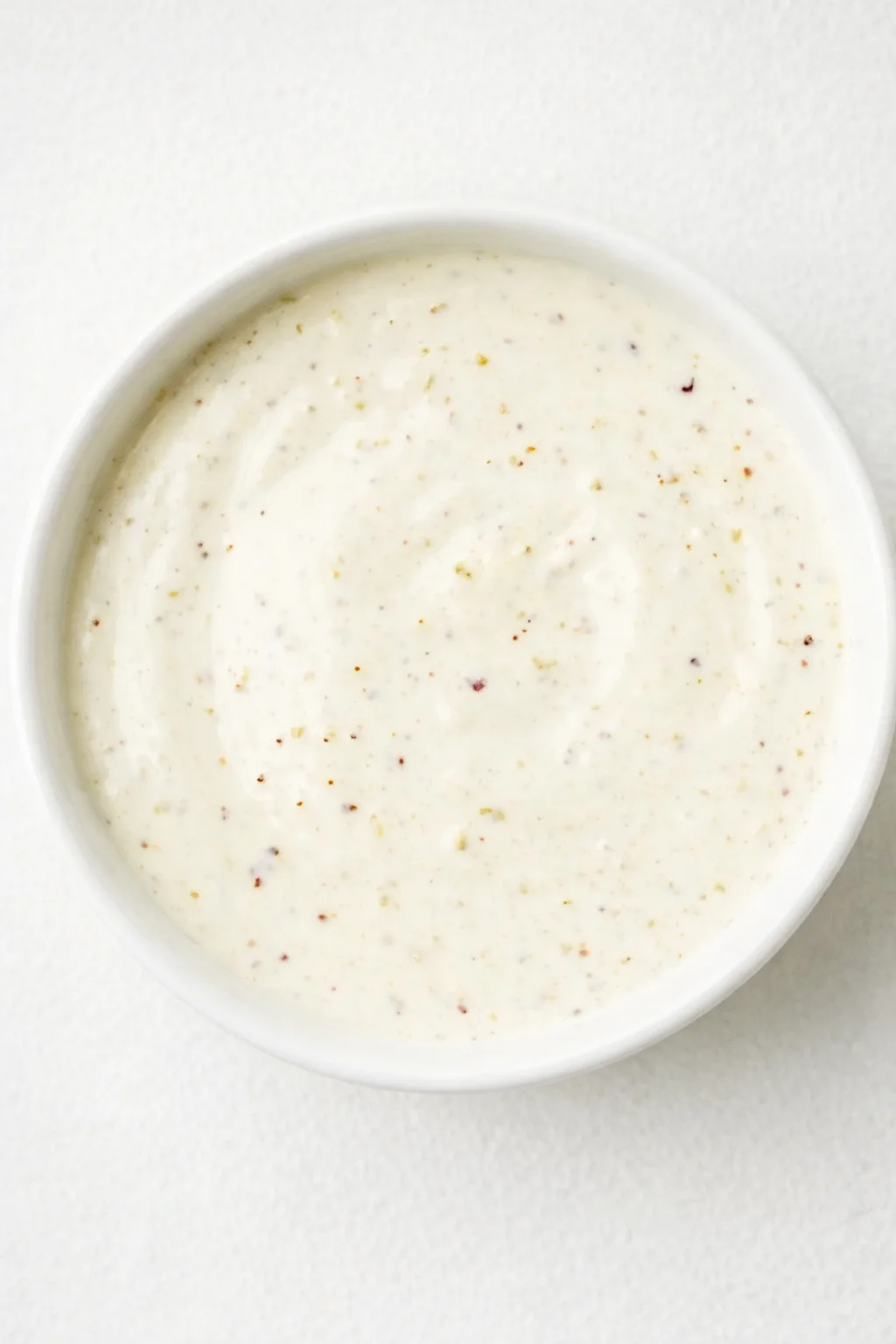 Creamy white sauce with tiny red pepper specks in a white ramekin on a pale textured background.