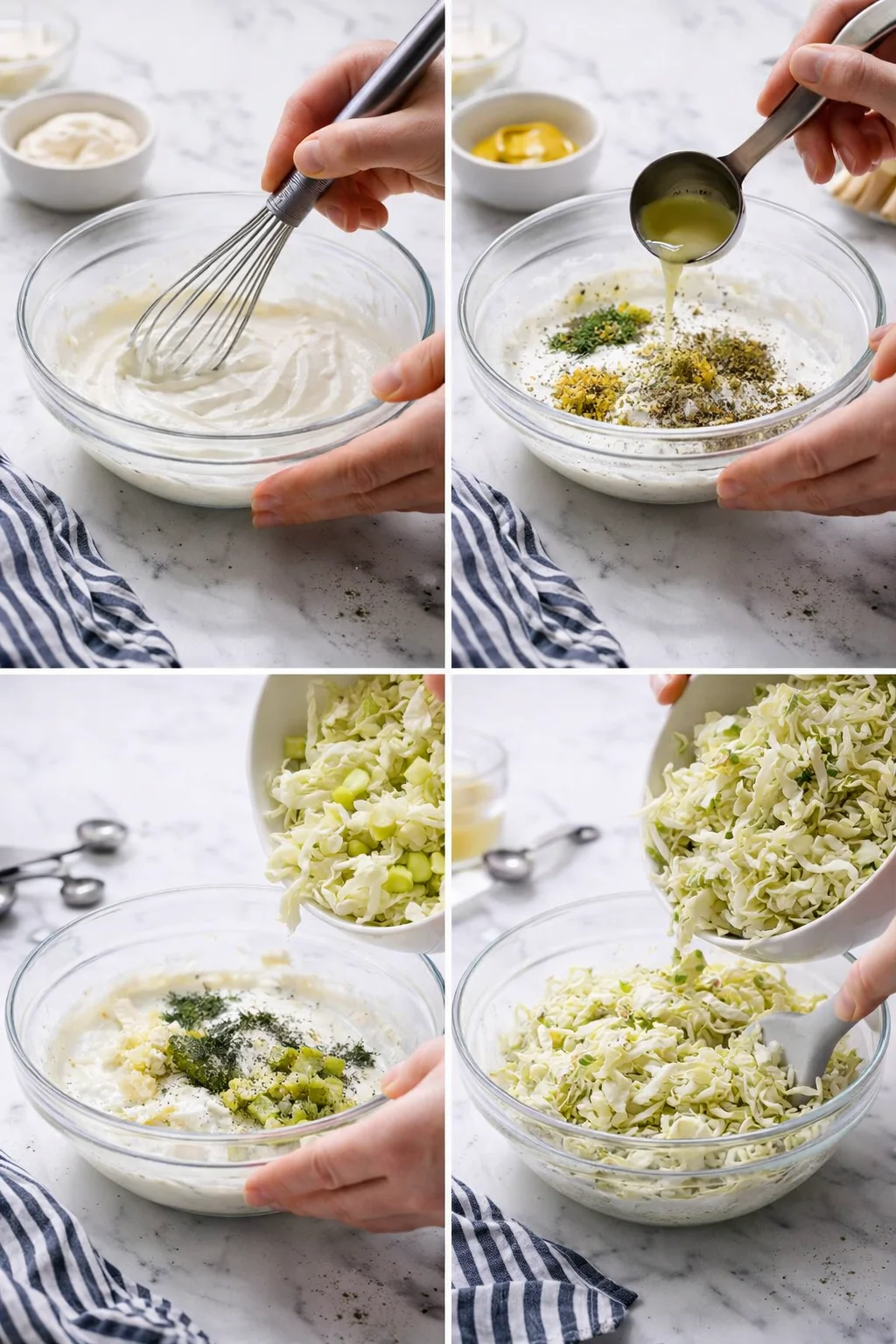 Hands whisk a creamy dressing, add seasonings, and fold in shredded cabbage in a four-panel collage.