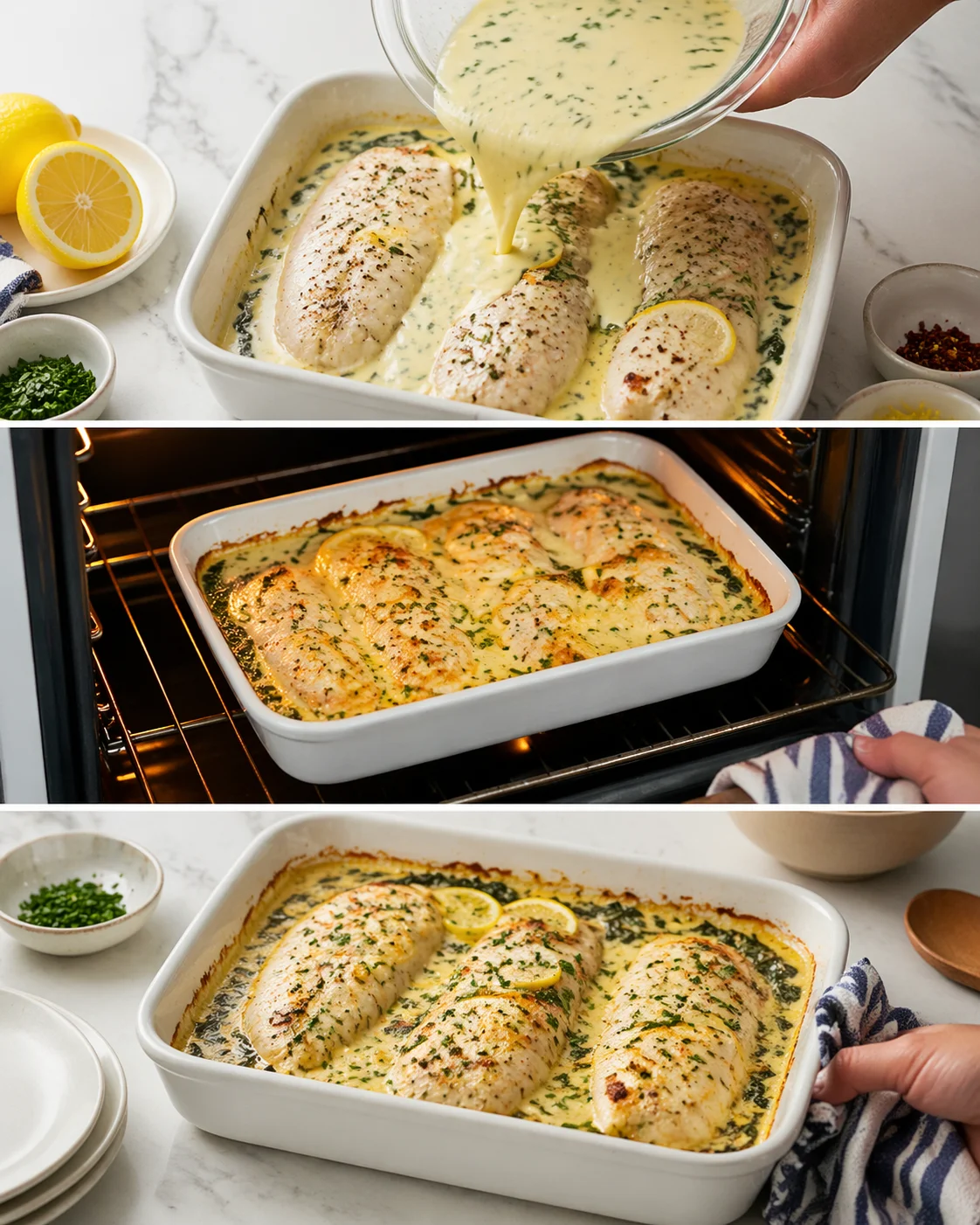 collage showing chicken breasts in creamy lemon-herb sauce being prepared and baked