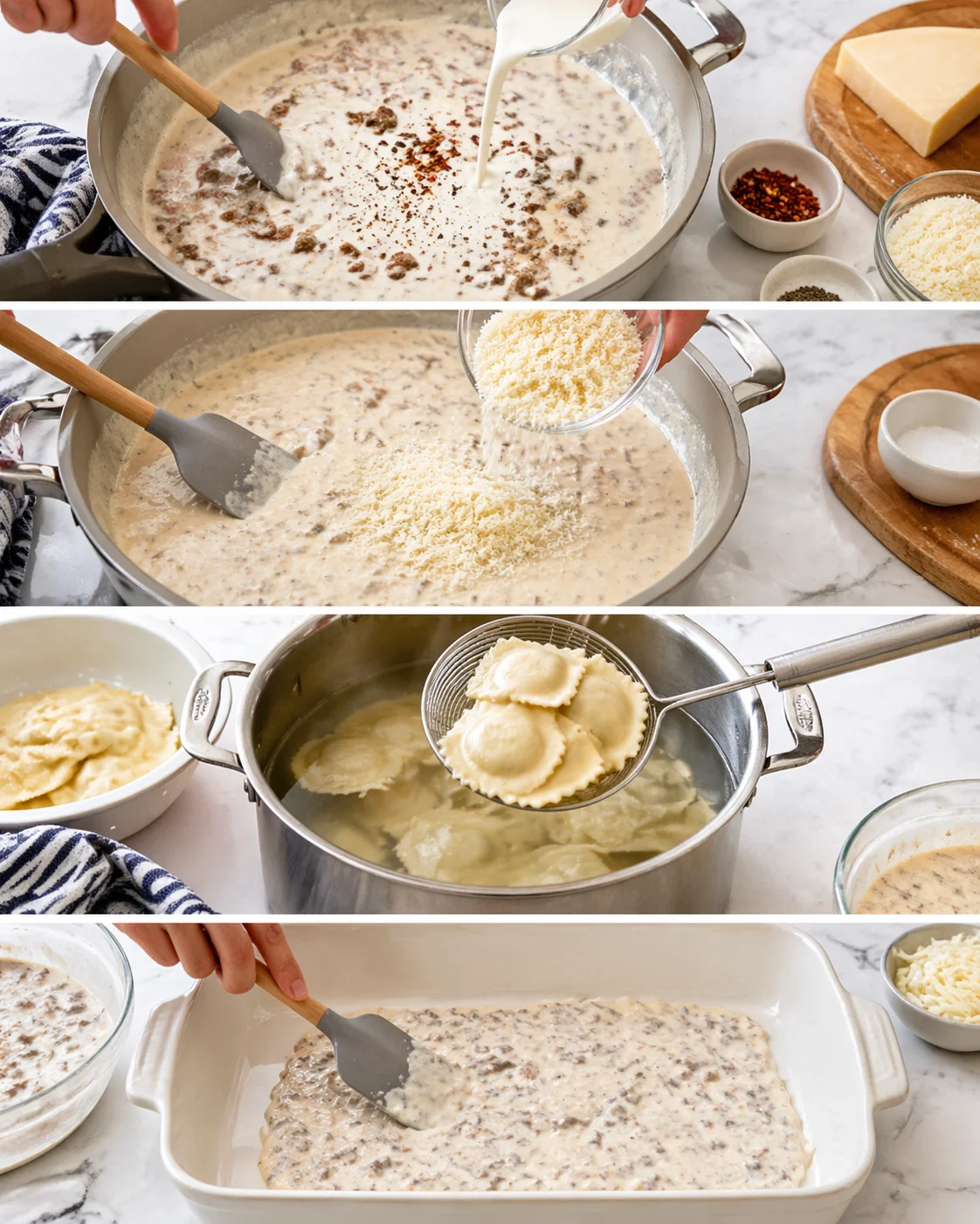 collage showing steps to make creamy mushroom ravioli bake: cream poured, cheese added, ravioli dropped in, ready-to-bake dish