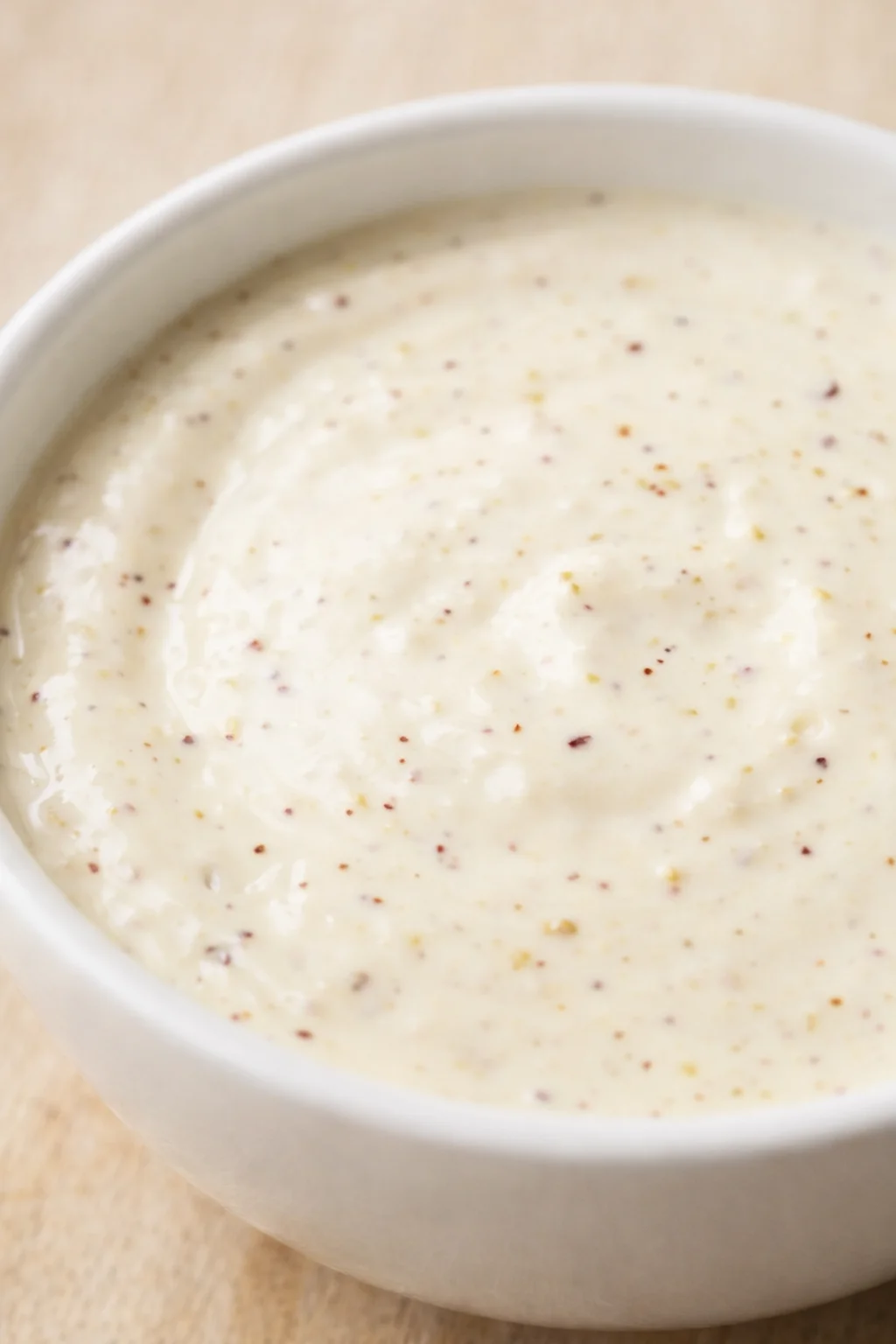 close-up of creamy mustard-like sauce with spice specks in a white bowl on a wooden surface