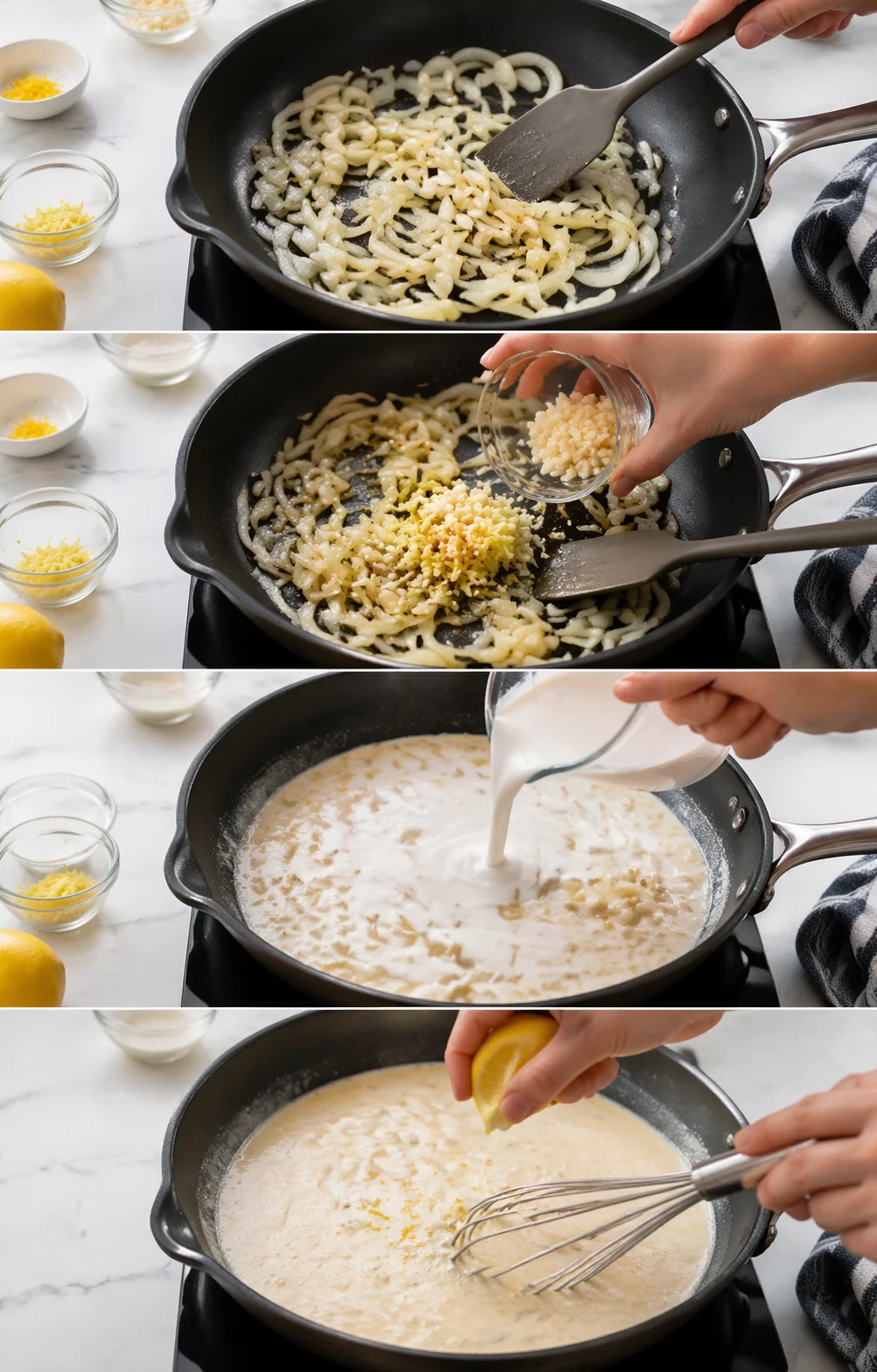 four-panel skillet cooking sequence: onions sautéing, cheese added, cream poured, lemon squeezed.