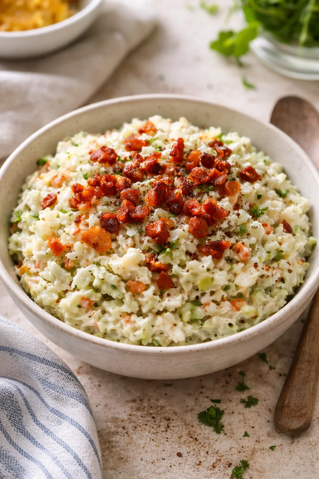 bowl of creamy rice with vegetables and crispy bacon bits on top
