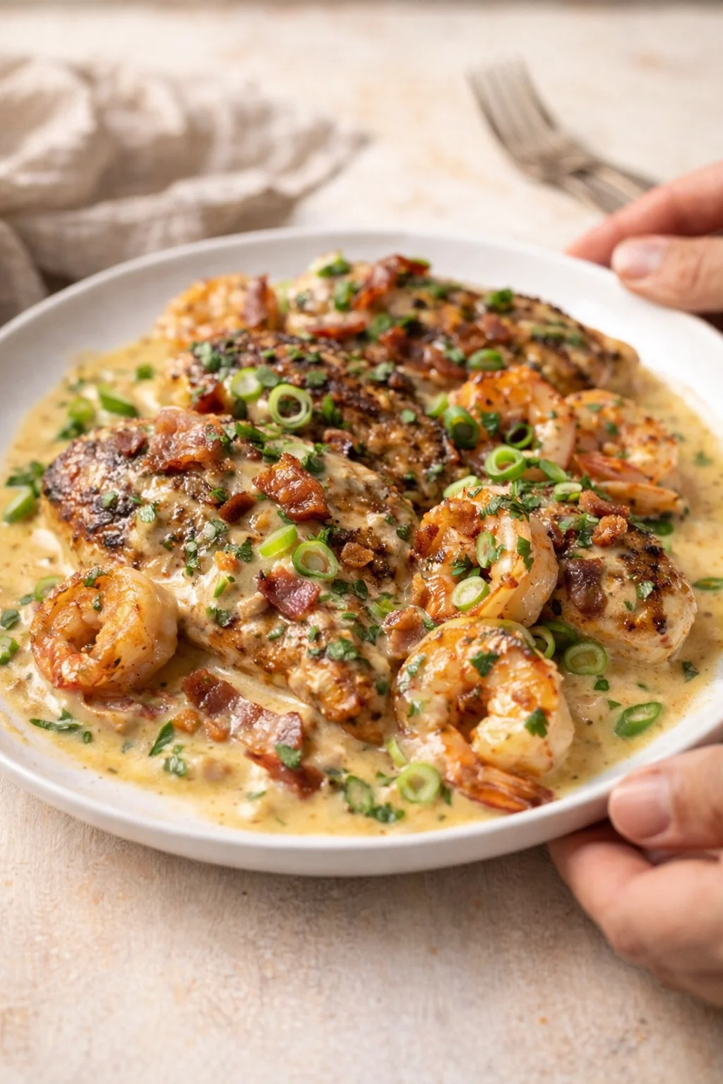 close-up of shrimp in creamy sauce with crispy bacon, scallions, and parsley on a white plate