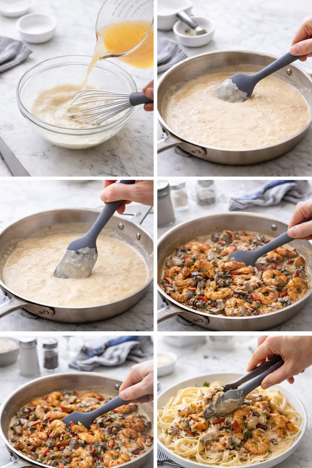 Collage of step-by-step cooking: whisking batter, simmering sauce, adding shrimp, finishing with pasta.