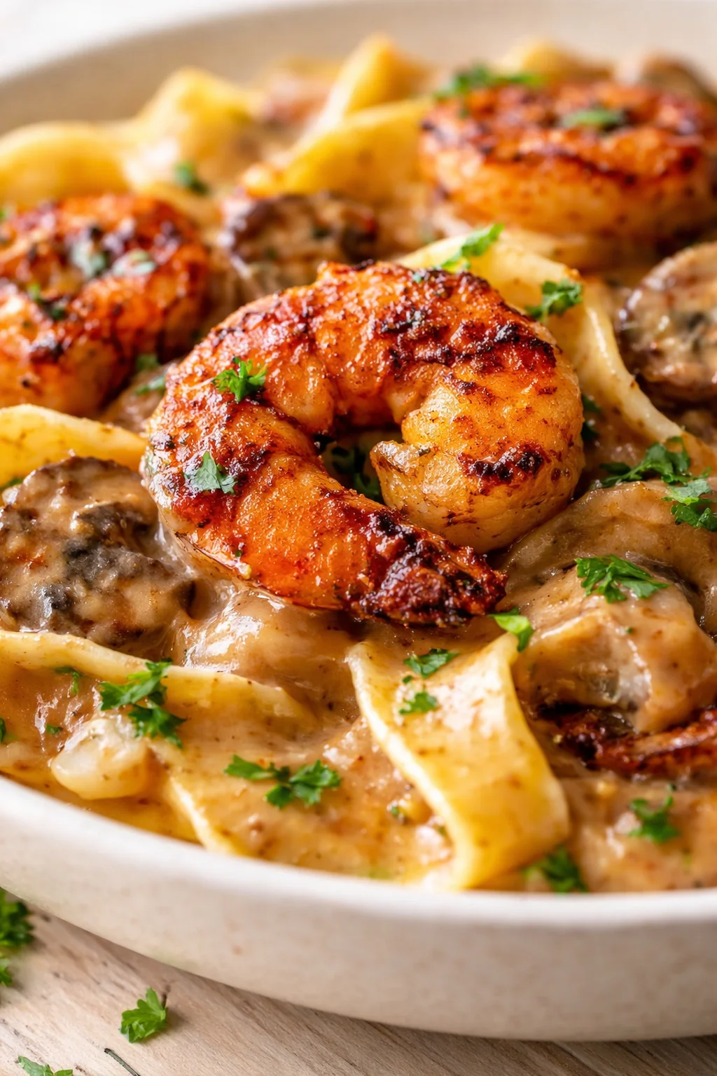 Close-up of seared shrimp over creamy mushroom pasta, garnished with parsley