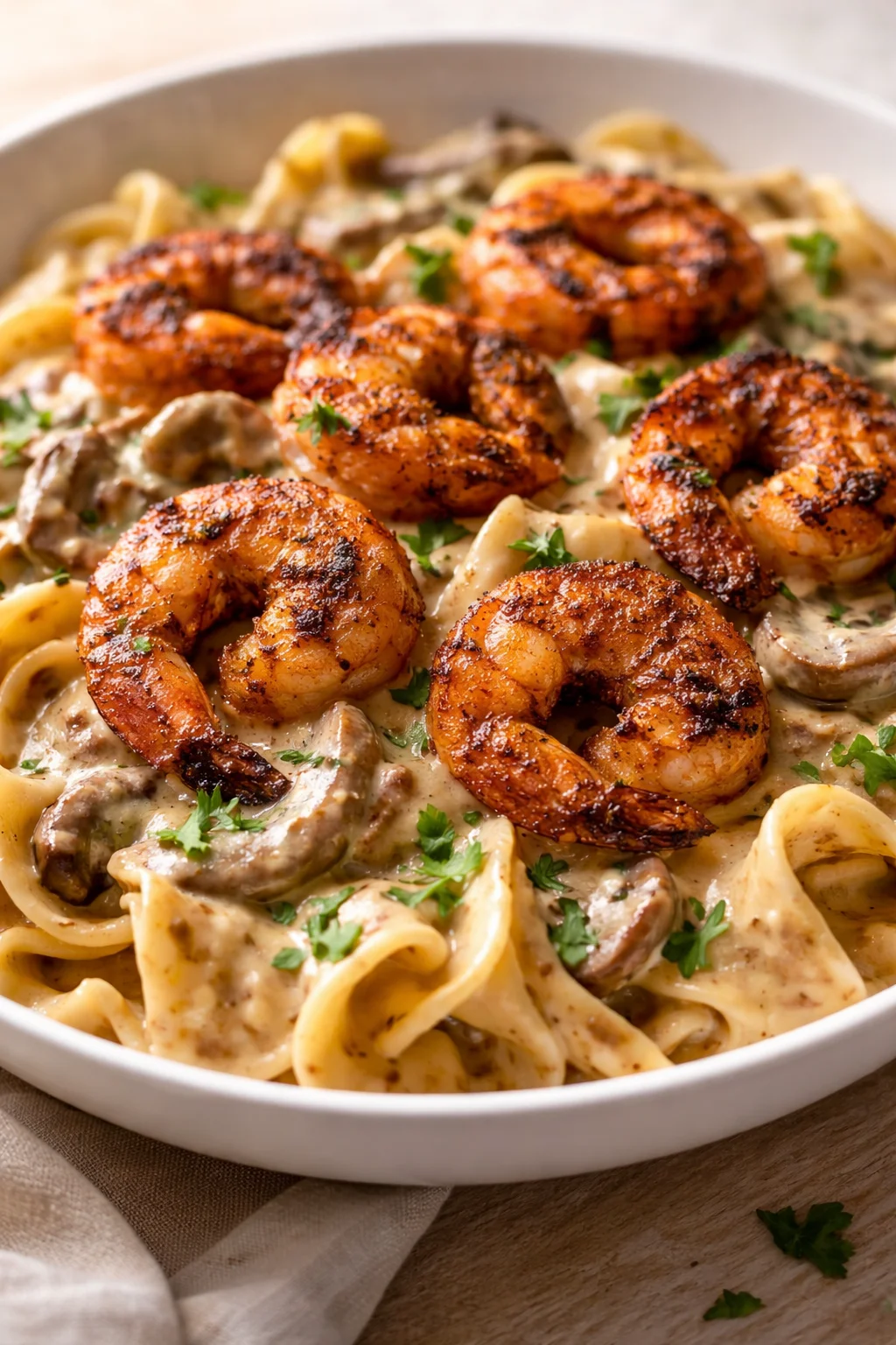 Creamy shrimp pasta with mushrooms in a white bowl, garnished with parsley.
