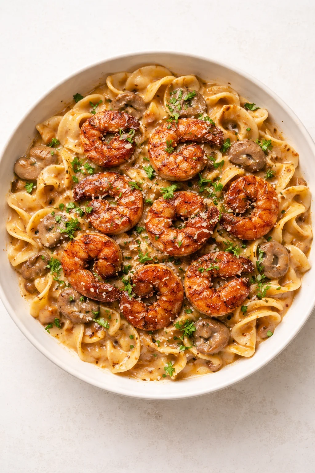 Creamy mushroom pasta topped with seared shrimp and parsley in a white bowl.