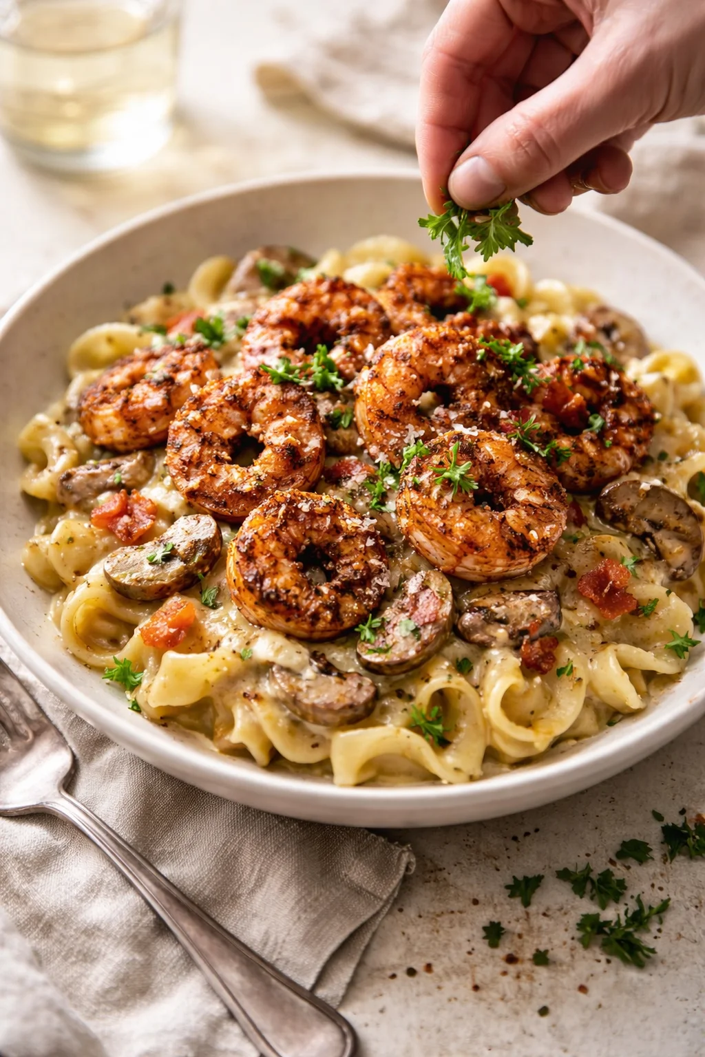 creamy shrimp pasta with mushrooms in a beige bowl, hand sprinkling parsley on top