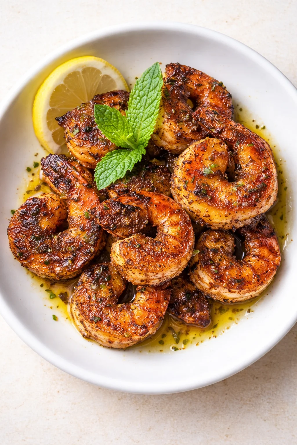bowl of caramelized garlic butter shrimp with lemon wedge and mint garnish