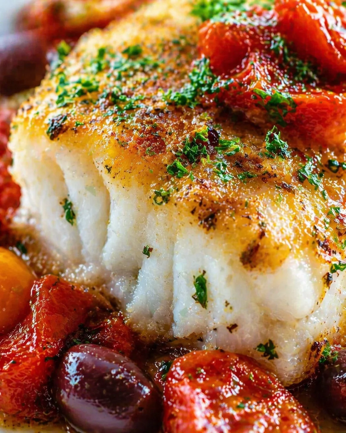 Close-up of golden, herb-crusted fish fillet with roasted tomatoes and parsley garnish