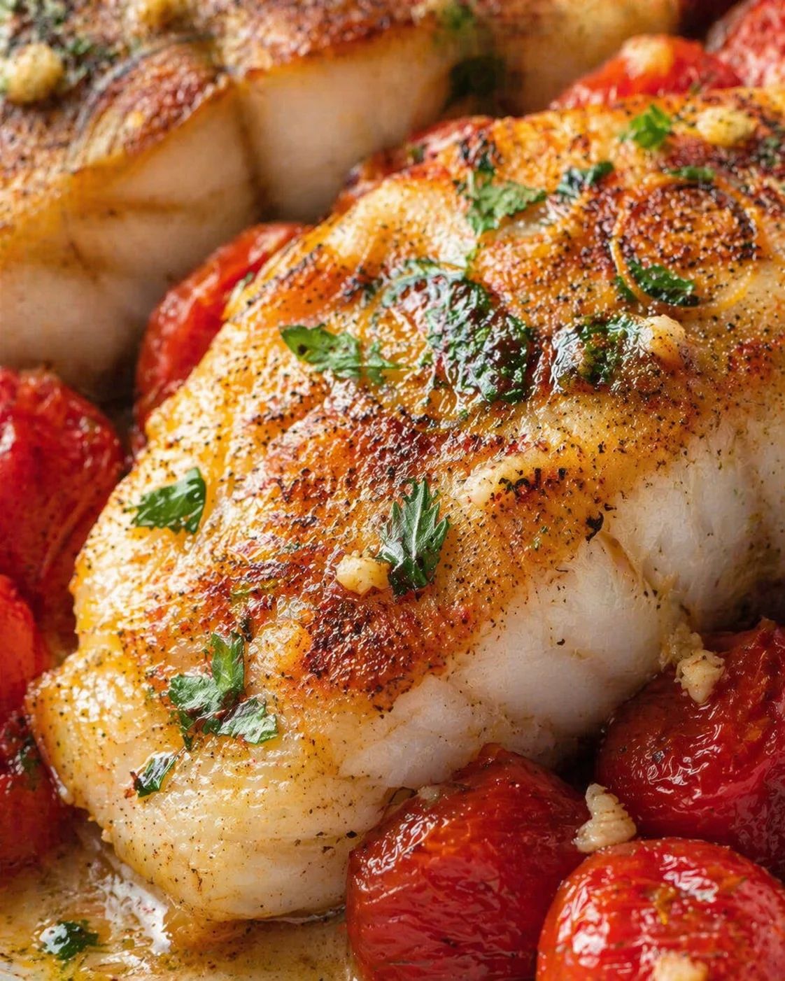 Close-up of crispy roasted chicken with tomatoes and parsley garnish
