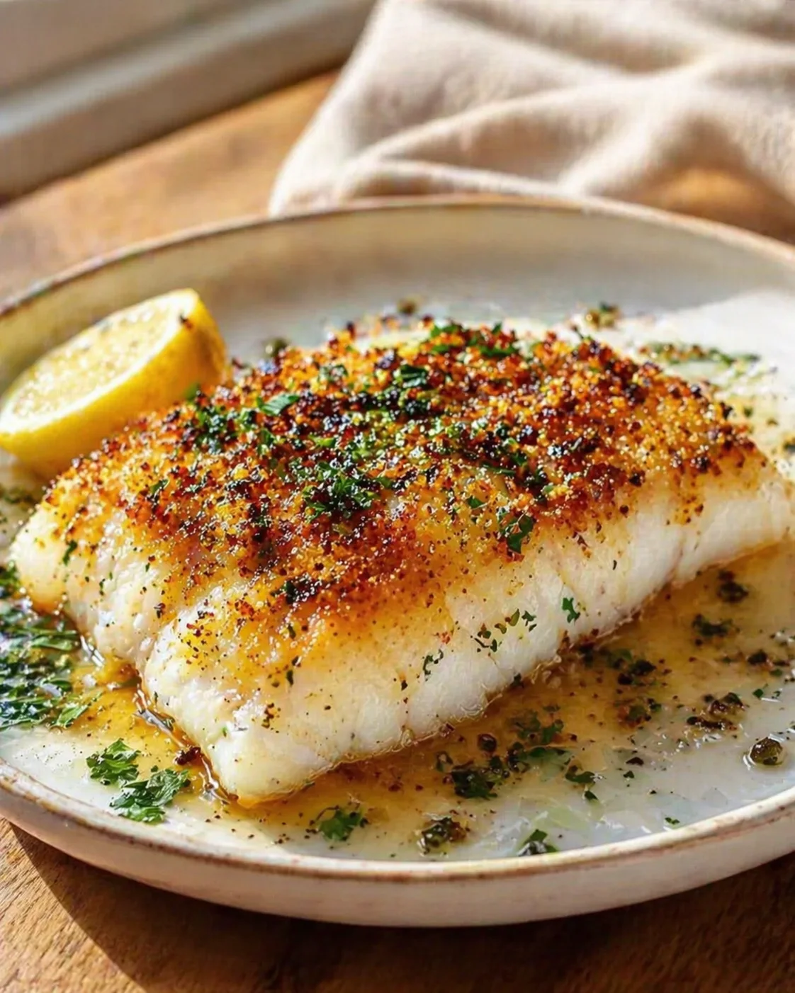 golden brown crusted fish fillet on a plate with lemon wedge and chopped herbs