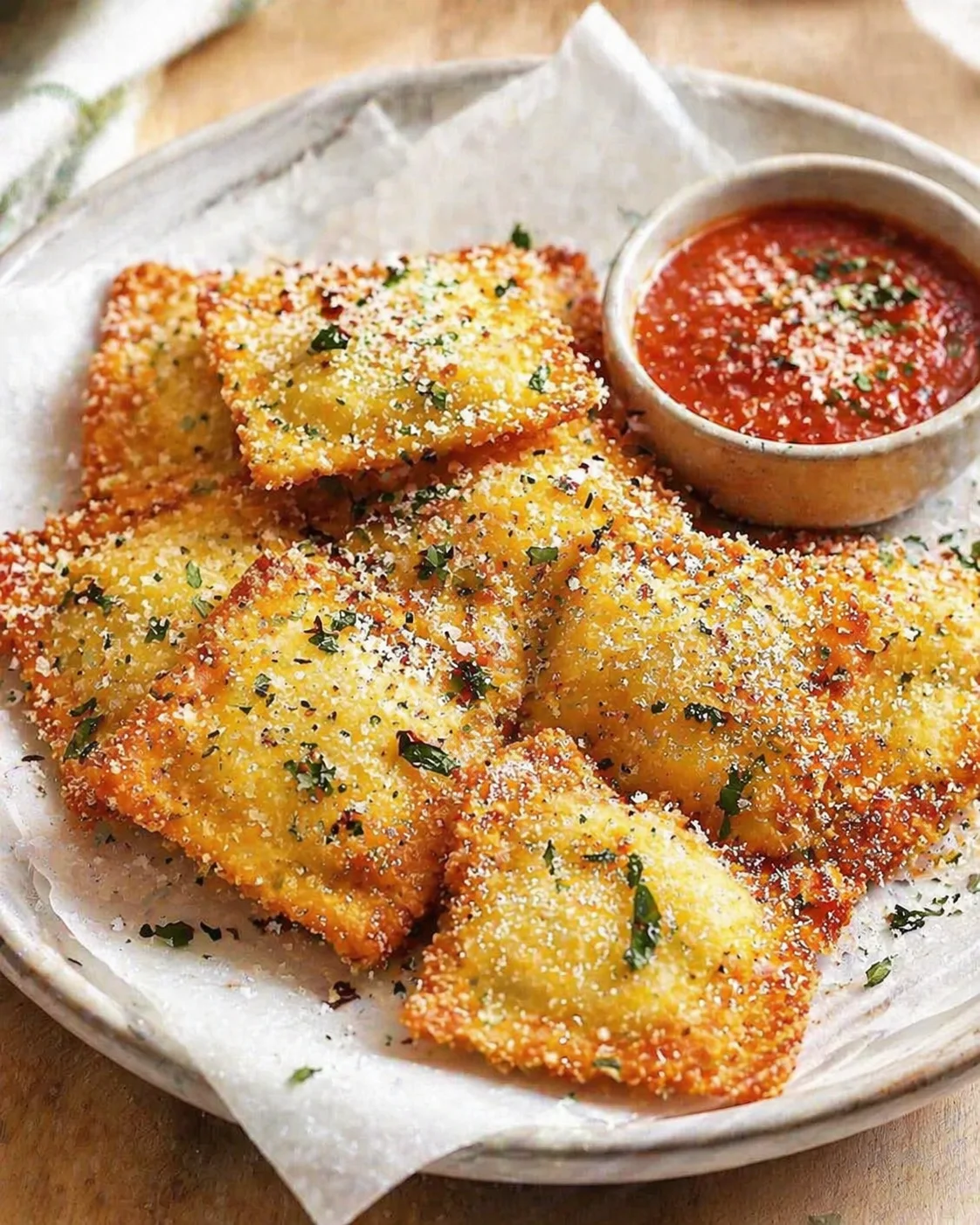 golden-brown, breaded cheese bites sprinkled with parsley, served with red marinara dip