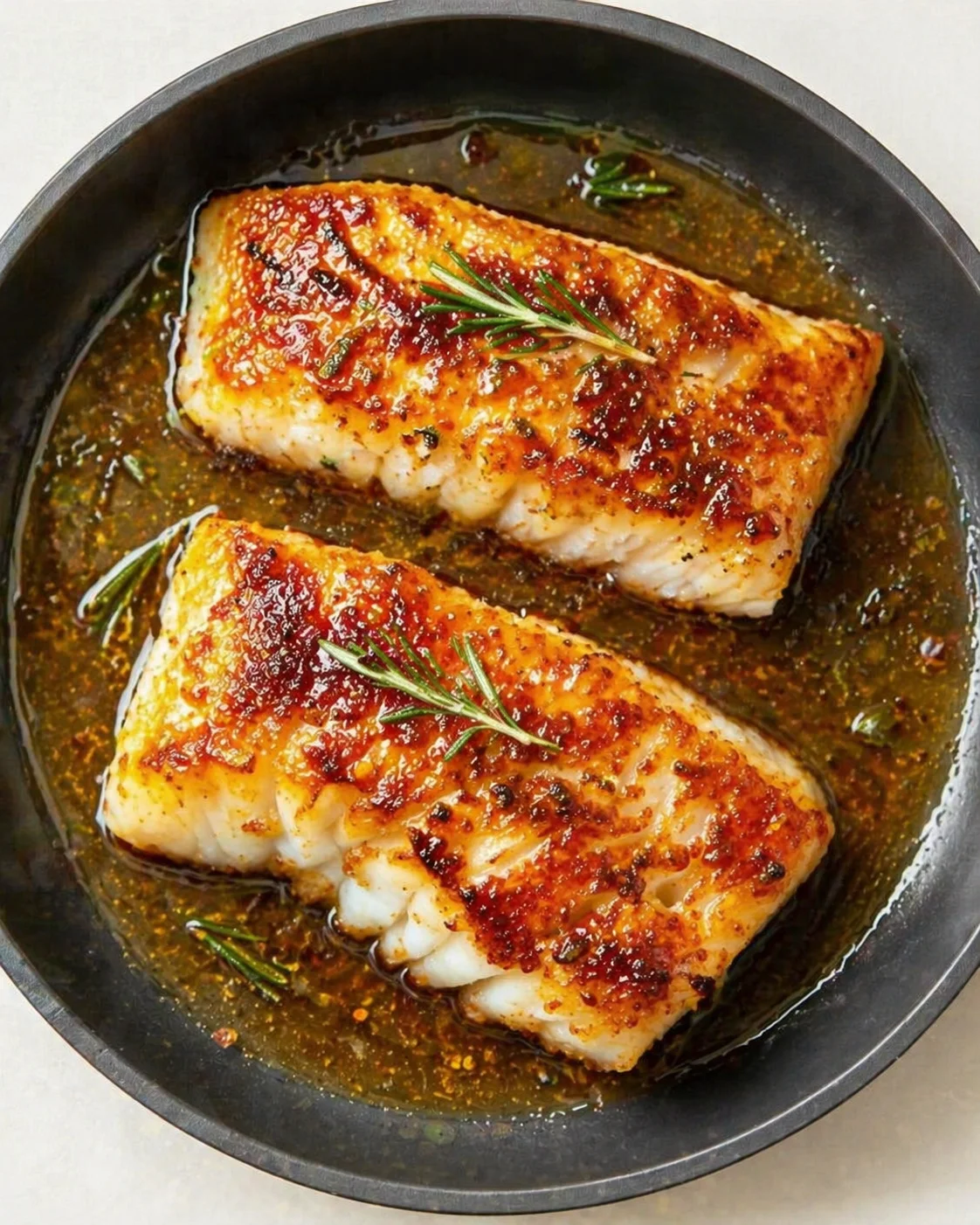 Two crispy-skinned fish fillets in a brown-butter herb sauce with rosemary in a skillet.