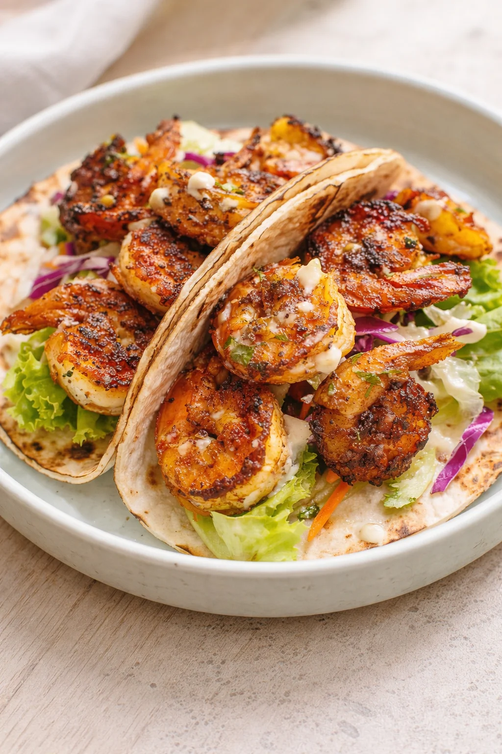 two soft corn tortillas topped with smoky shrimp, lettuce, cabbage, and white sauce