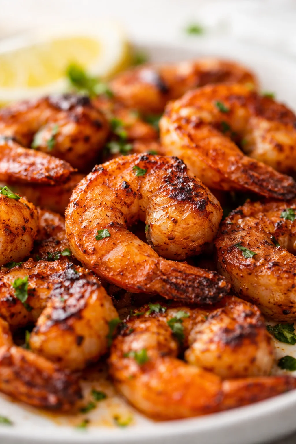 close-up of crispy, orange shrimp garnished with parsley on a white plate with a lemon wedge.