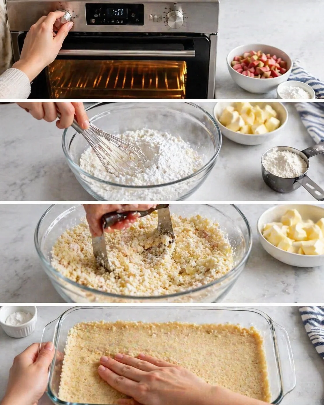 Four-panel collage of crust making: preheating oven, mixing butter and flour, crumbly crust pressed into glass pan.