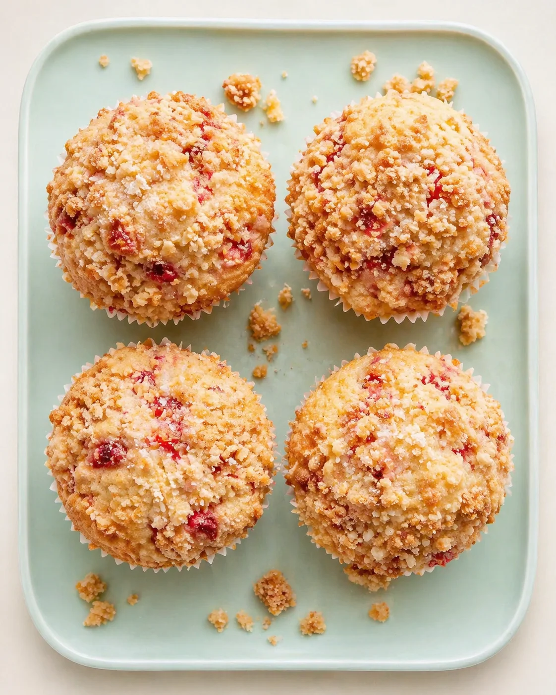 Four berry muffins with crumb topping on a pale turquoise tray