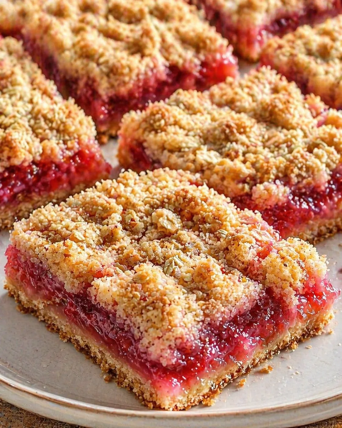 Close-up of crumb-topped berry bars with red jam filling on a plate