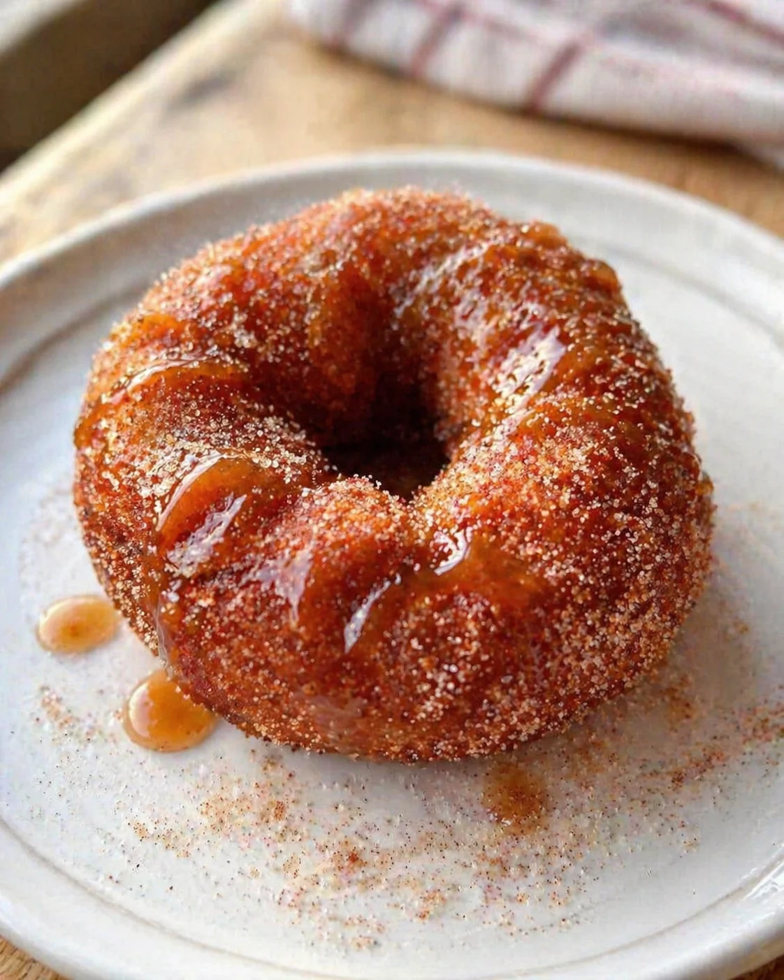Single plated variation of Irresistible Apple Cider Donuts With Cinnamon Sugar Crust shown in a natural kitchen scene