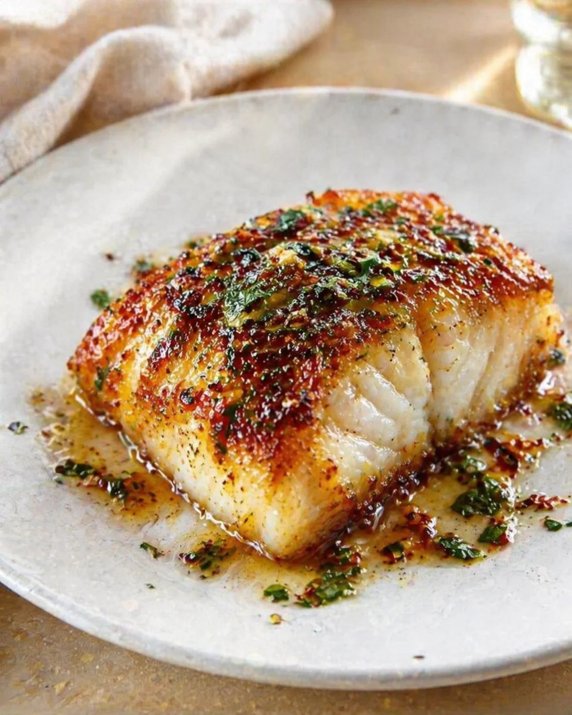 Single plated variation of Baked Honey Marinated Cod shown in a natural kitchen scene