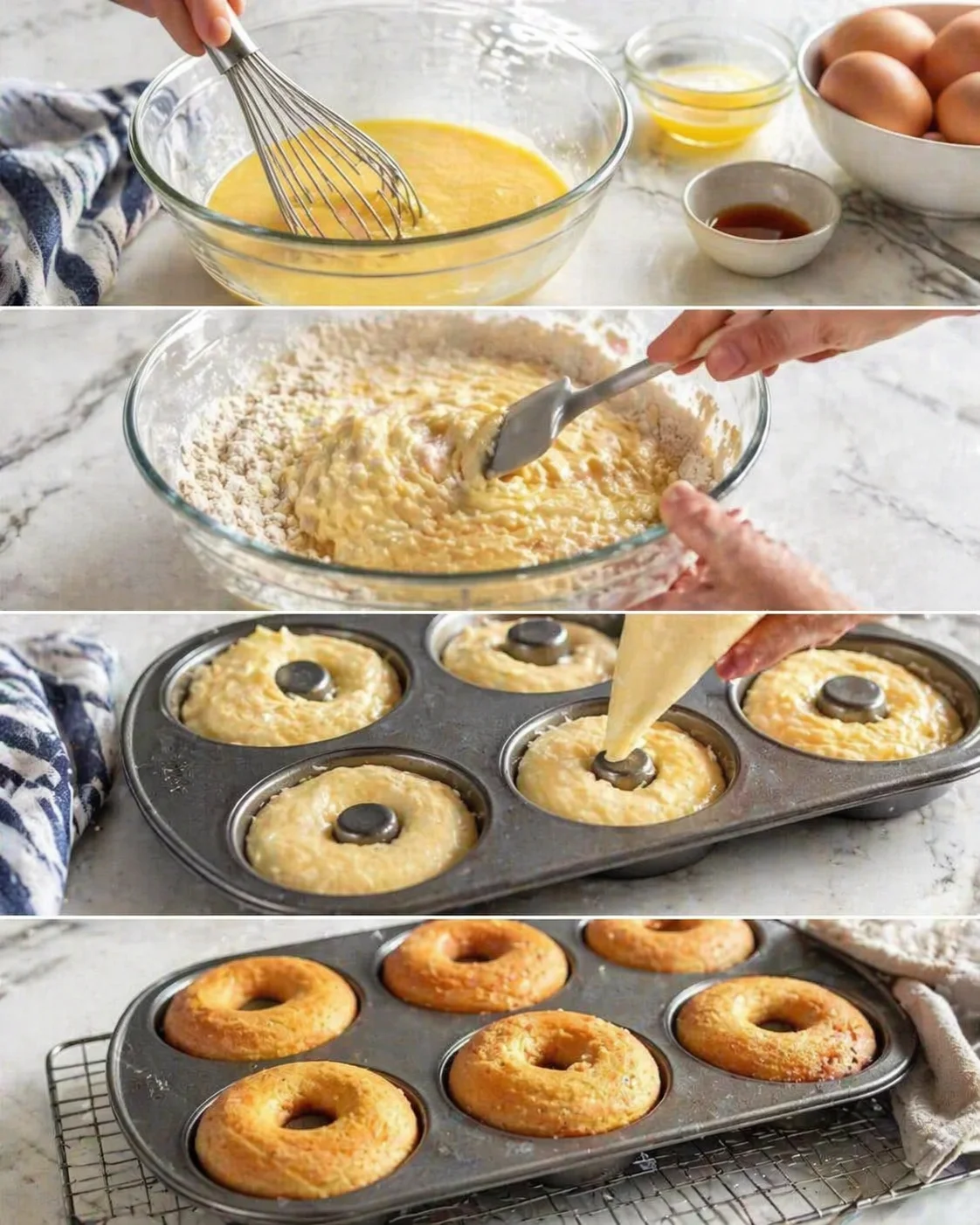 collage showing kitchen donut-batter steps: whisking, folding, filling donut tins, baking donuts