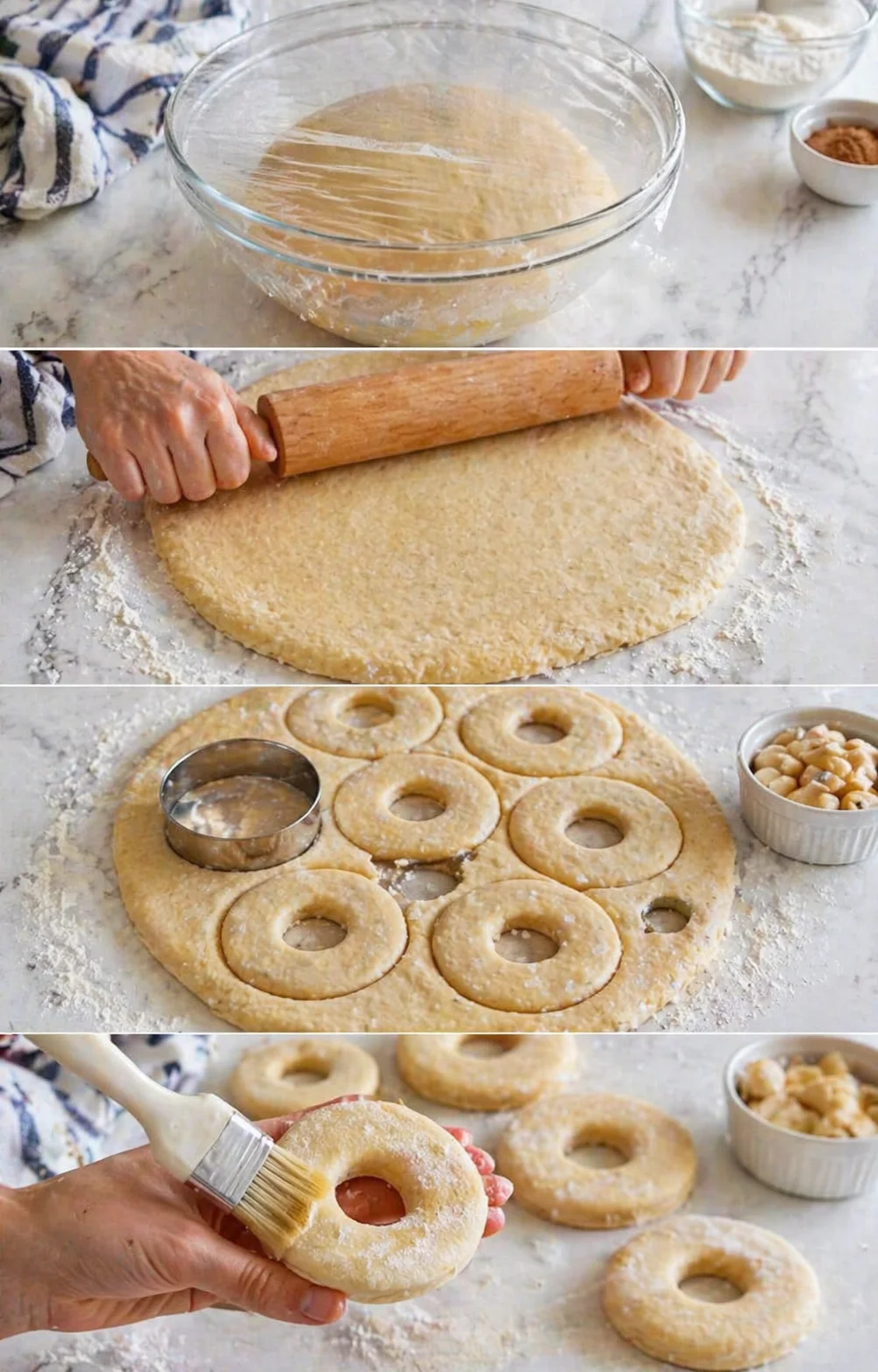 collage of donuts being made: dough resting, rolling, cutting rings, and brushing glaze.