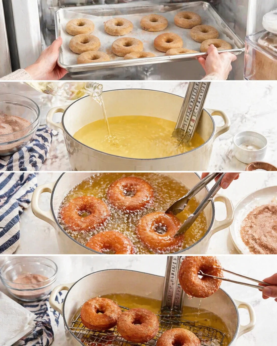 A four-panel collage showing donut making: tray of raw donuts, mixing batter, frying donuts, cooling on rack.