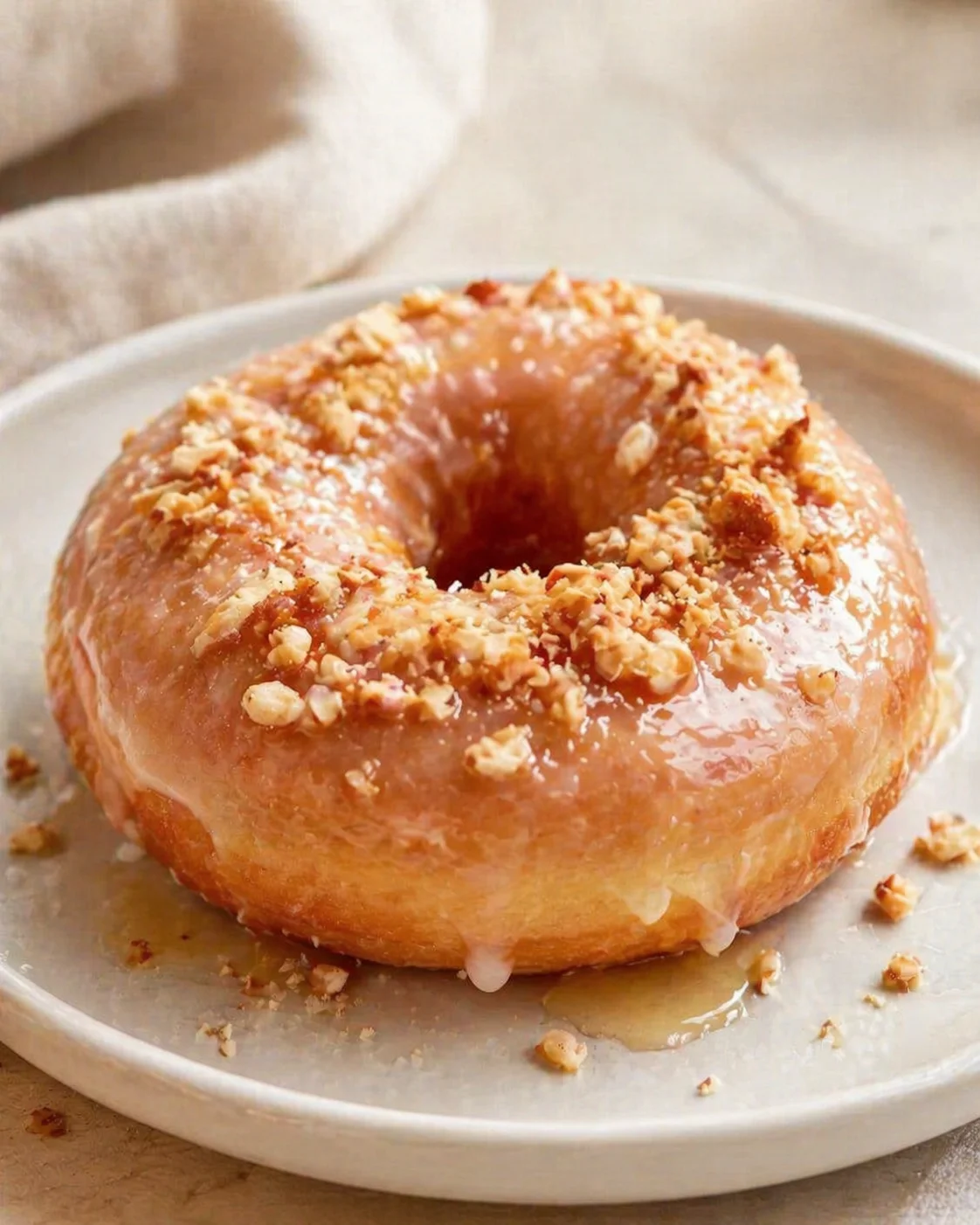glossy glazed donut ring topped with crushed nuts on a white plate