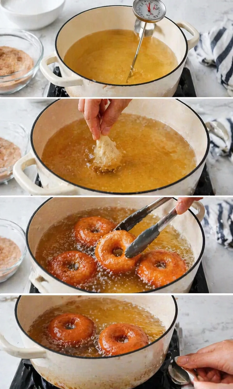 Collage showing donuts being fried in a white enamel pot on the stove, thermometer and tongs visible.