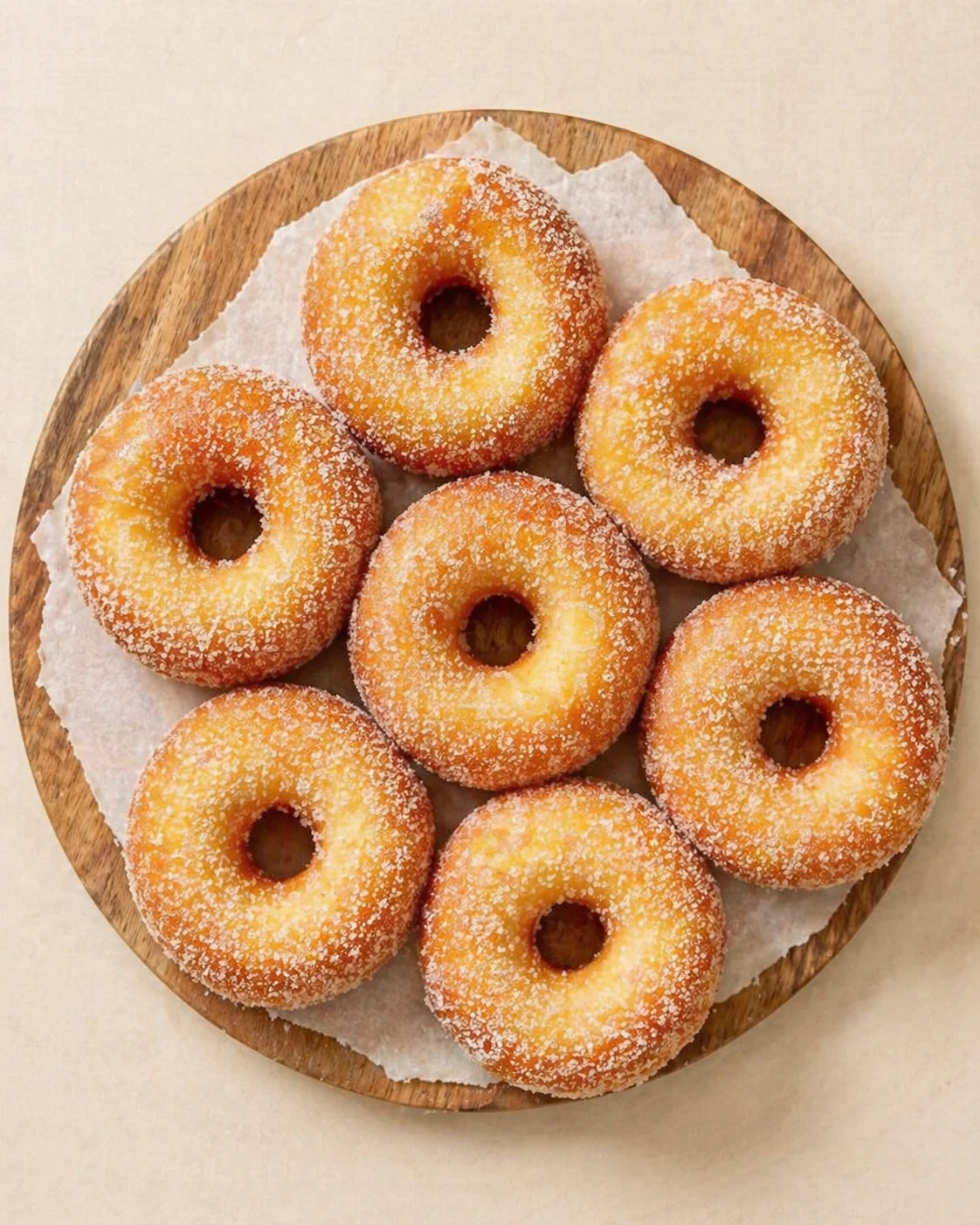 top-down view of eight sugar-dusted golden donuts arranged on parchment on a wooden board.