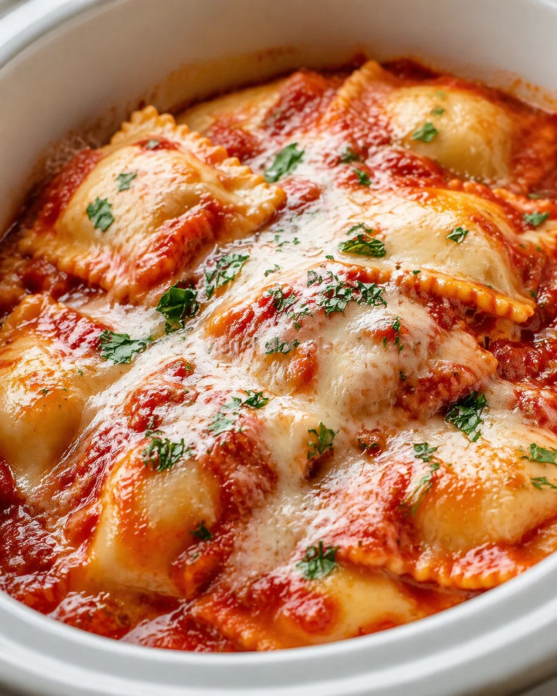 Final plated Easy 4-Ingredient Crockpot Ravioli served as a hero shot