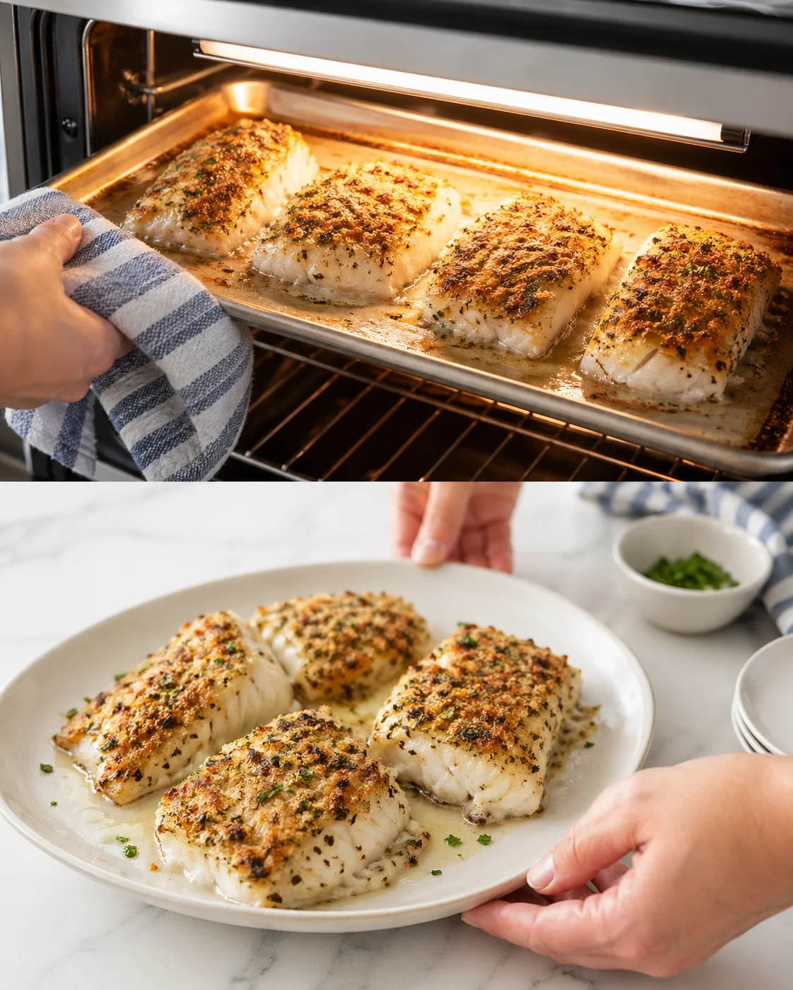 Golden-topped cod fillets resting on sheet or rack, cooling briefly before serving.