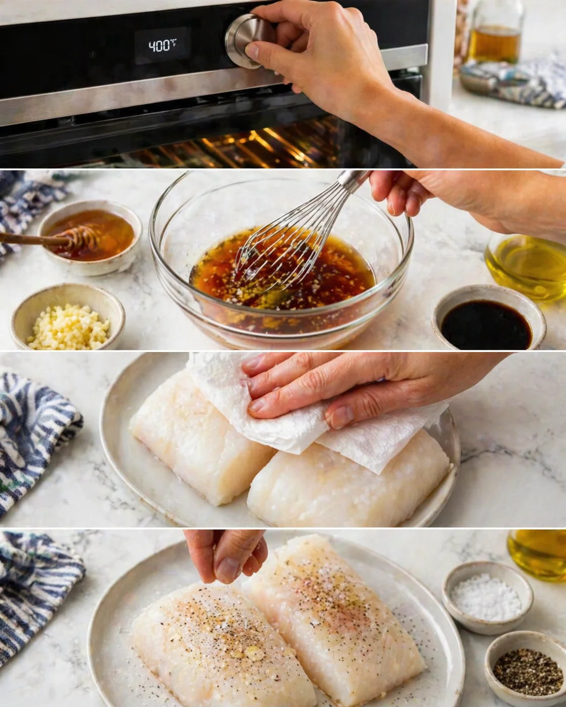 A collage of cooking steps: oven set to 400F, whisking marinade in bowl, and raw white fish fillets being seasoned.