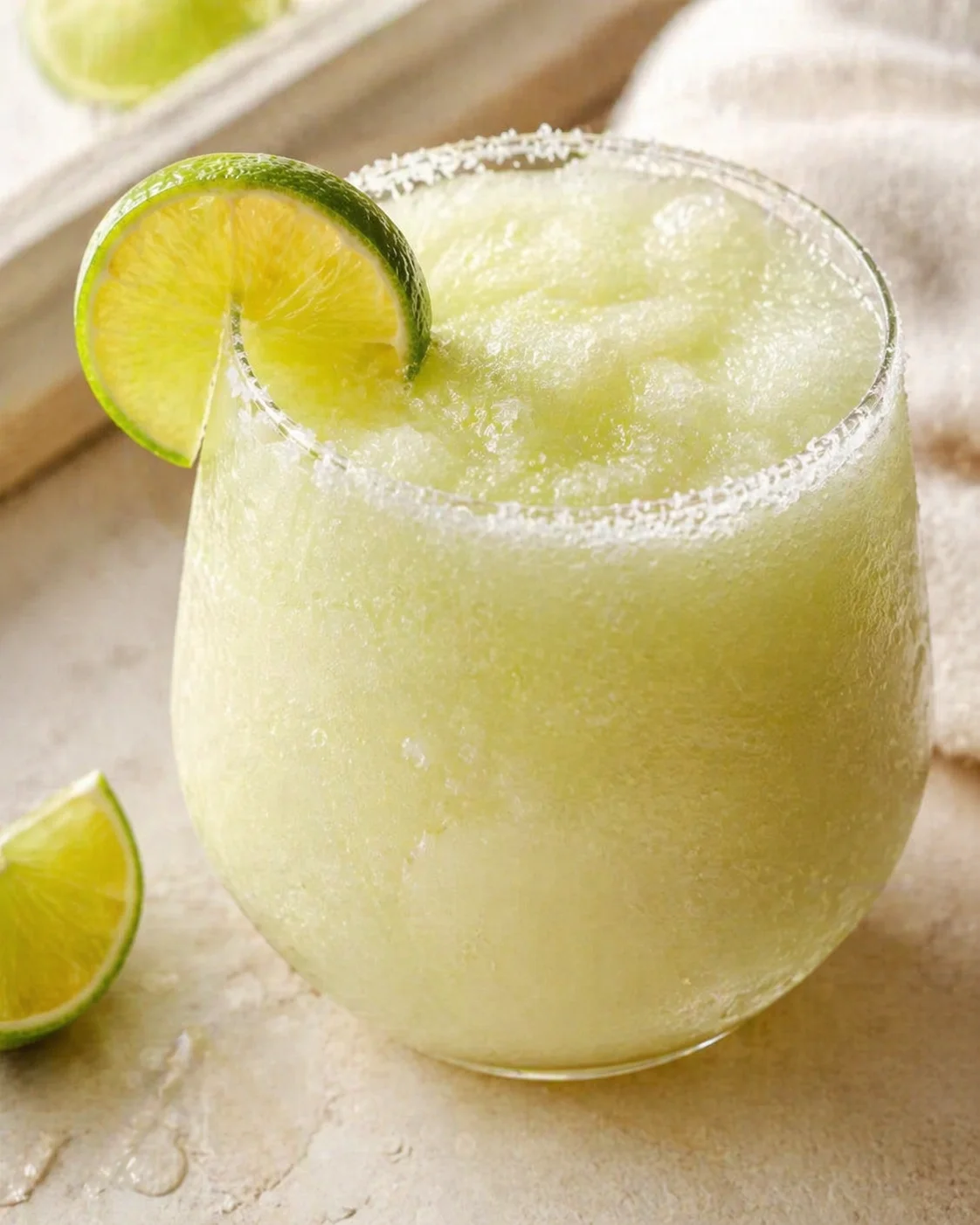 Frosty lime margarita in a salted rim glass with a lime wedge garnish