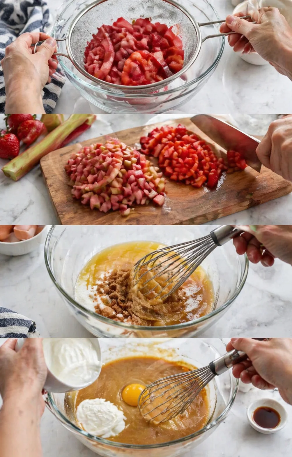 collage of step-by-step kitchen prep: straining fruit, diced fruit on board, whisking batter, and mixing ingredients