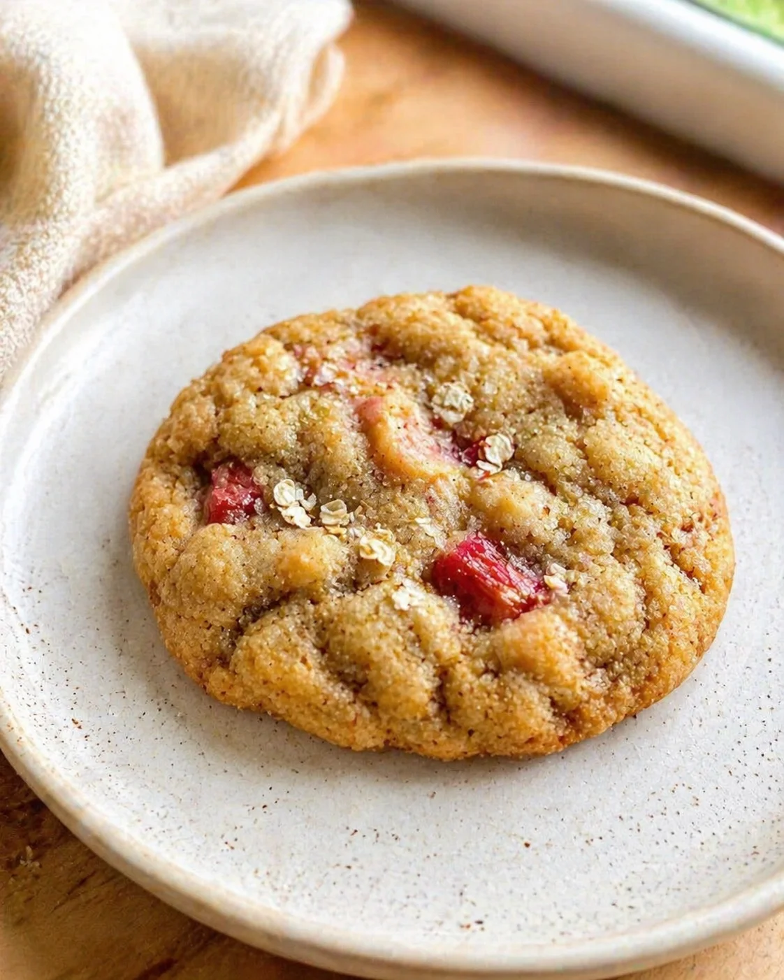 Golden-brown oatmeal cookie with red fruit chunks on a light speckled plate.