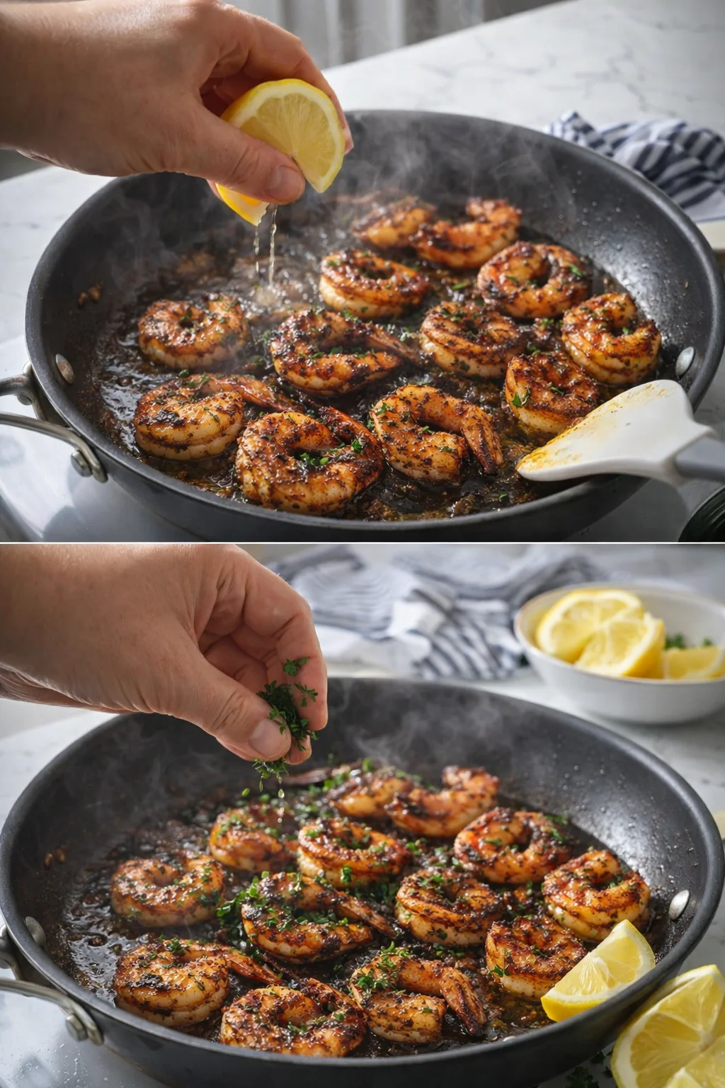 pan-seared calamari rings in garlic-butter sauce, lemon juice, and fresh parsley being added.