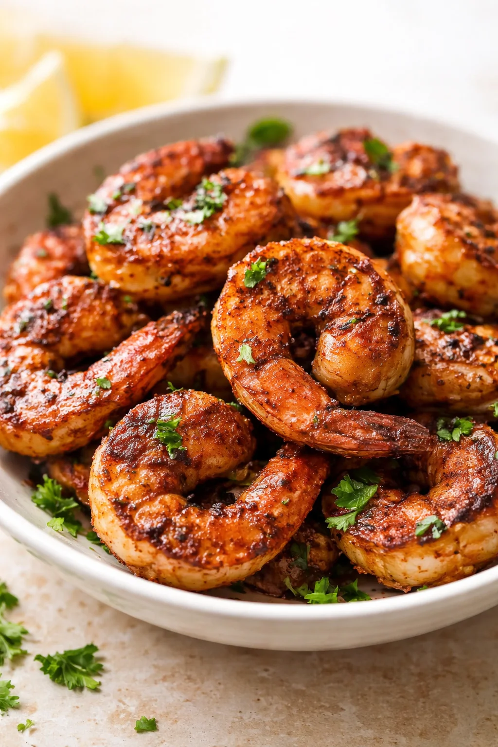 A bowl of golden-brown garlic-butter shrimp with parsley garnish in a shallow ceramic dish