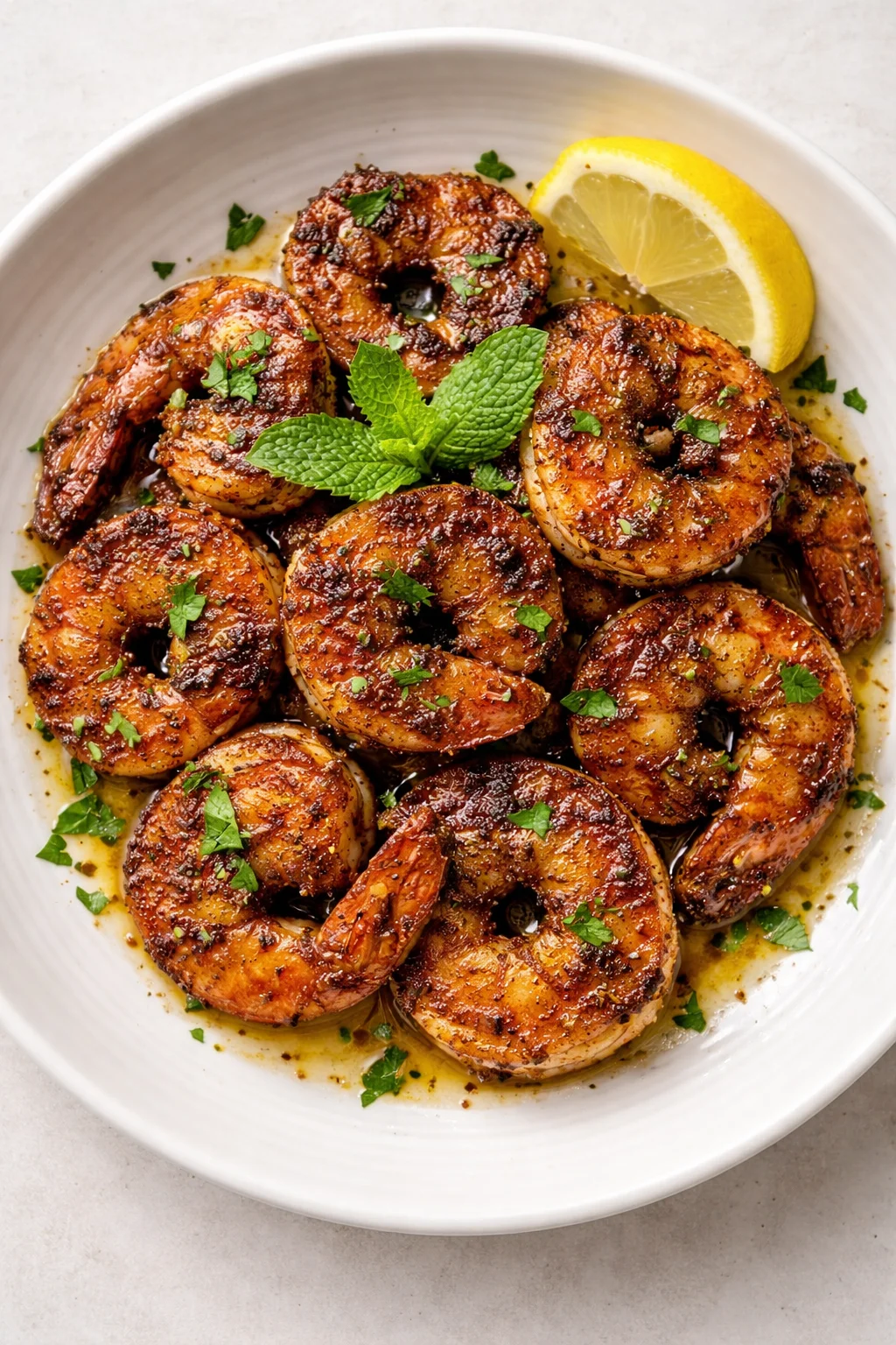 Pile of glazed shrimp on a white plate, lemon wedge, and fresh mint garnish in a glossy garlic-butter sauce.