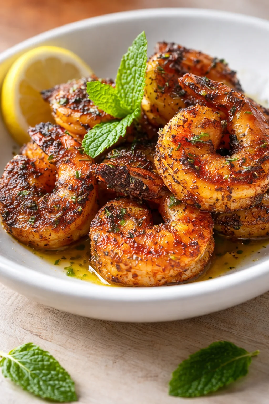Plated seared shrimp in herb-butter sauce with lemon and mint garnish