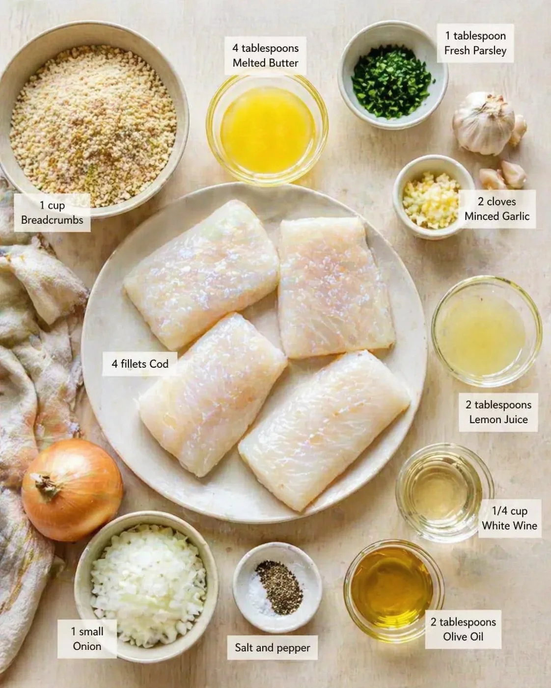 Overhead view of cod fillets with labeled ingredients like breadcrumbs, butter, parsley, garlic, onion, lemon juice, and olive oil