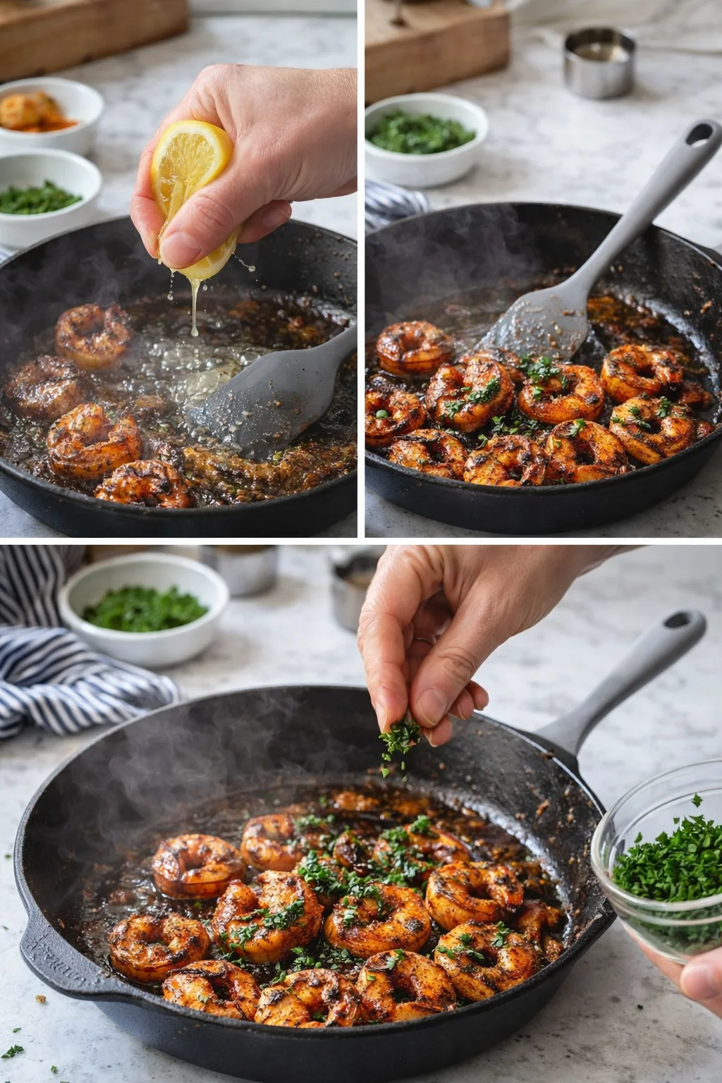 shrimp cooking in a dark skillet with lemon juice and fresh parsley