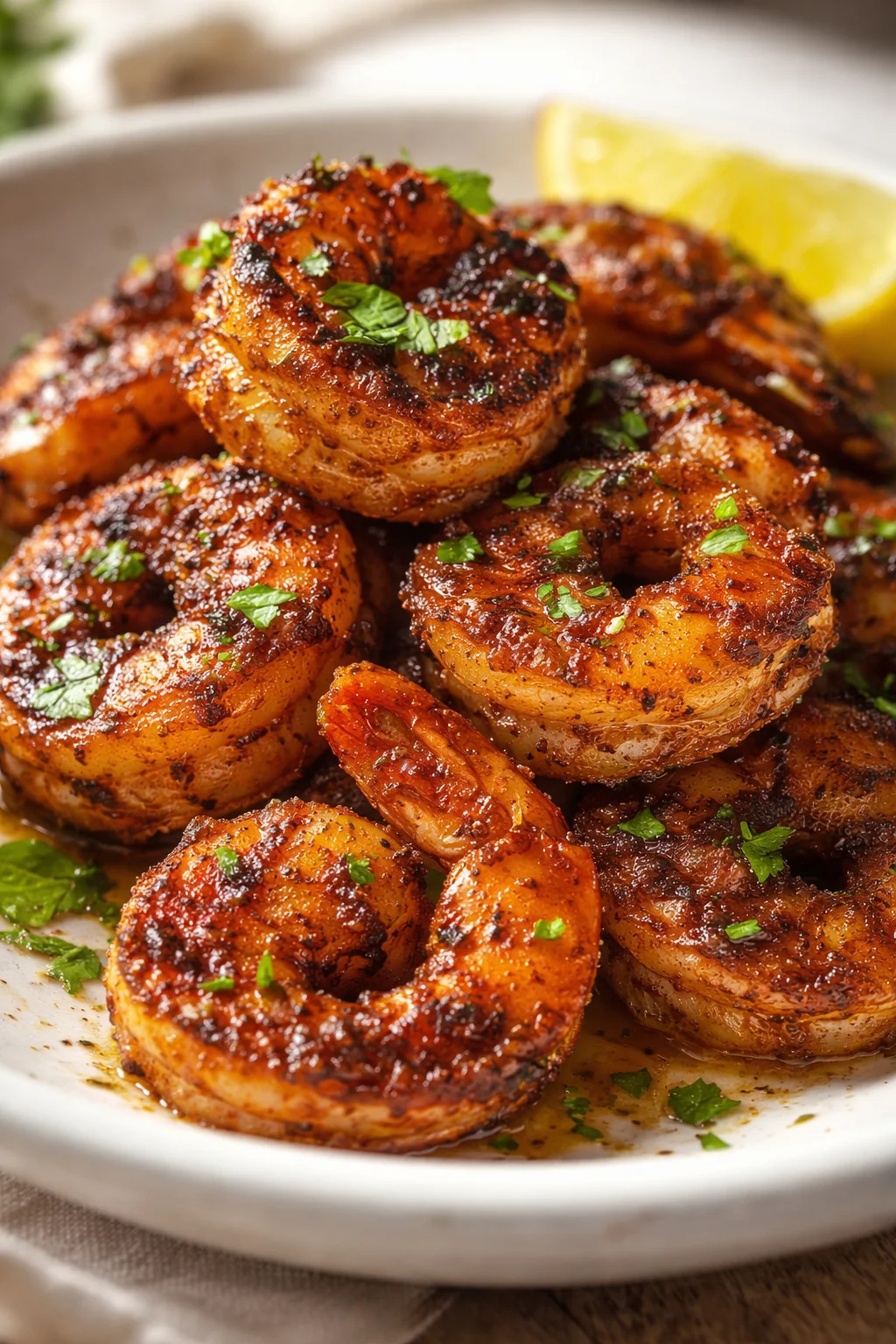 Glazed caramelized onion rings garnished with parsley, lemon wedge in background