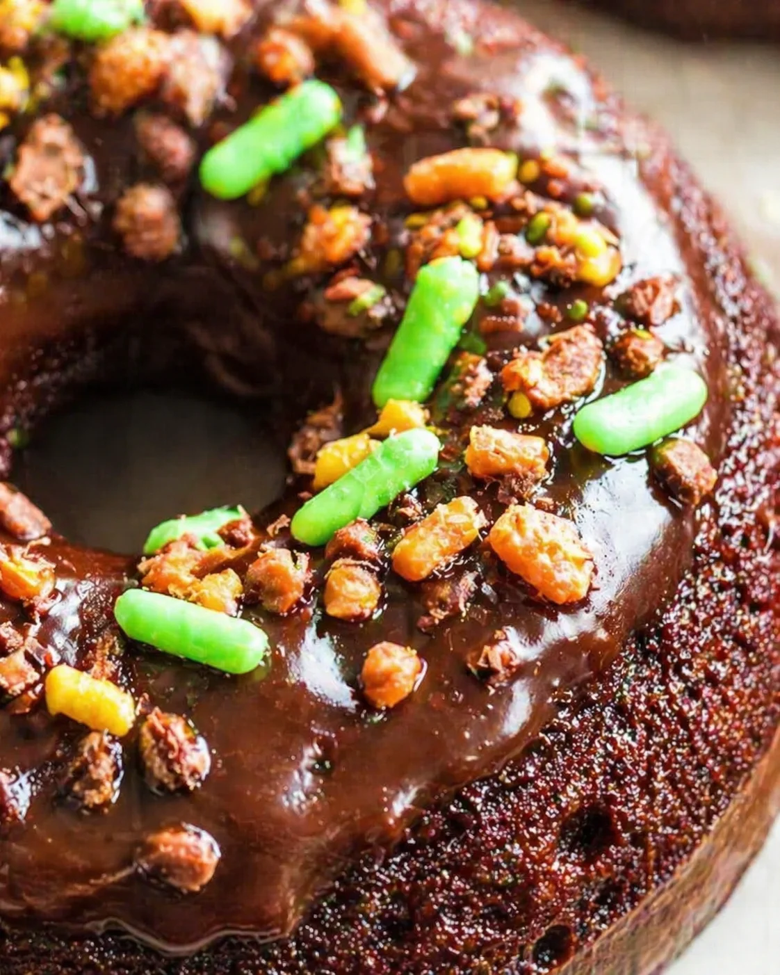 Close-up of a chocolate-glazed donut topped with chopped nuts and bright green candy pieces.