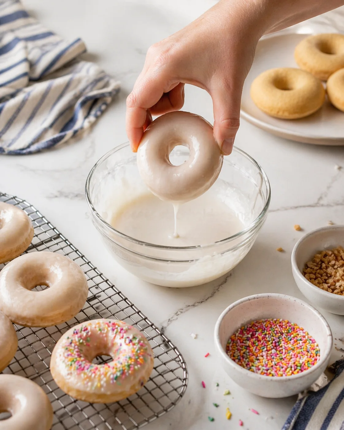 hand dips a glazed donut into white icing; sprinkles and more donuts nearby.